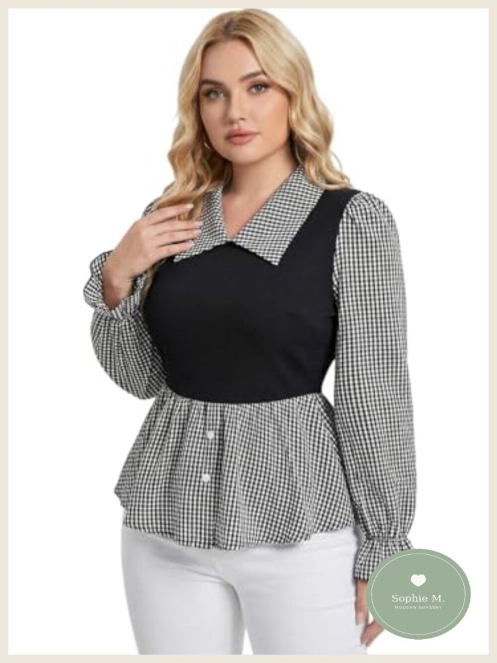 Women's Plus Size Plaid Peplum Collared Puff Long Sleeve Blouse